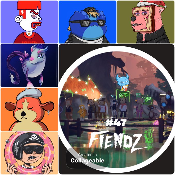 A collage of various cartoon NFT character portraits surrounds a central image labeled '#47 FIENDZ' with 'Created in Collageable' text.