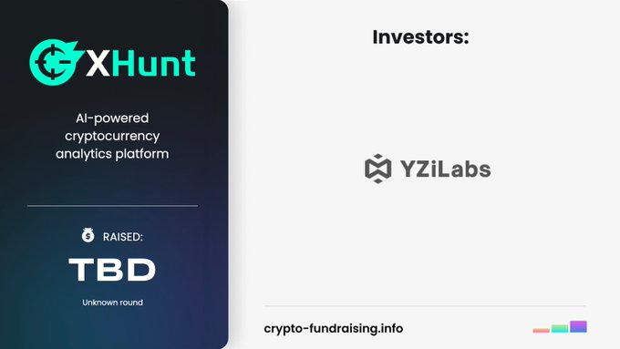 Promotional graphic for XHunt, described as an AI-powered cryptocurrency analytics platform, listing YZiLabs as an investor with raised amount TBD.