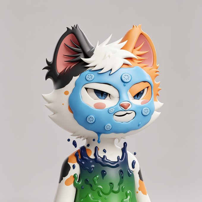 A close-up of a 3D-rendered figurine featuring a cat-like character with a blue mask, orange and white fur, and a paint-splattered shirt.