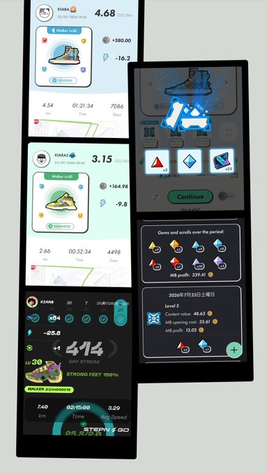 Fitness tracking app screenshots showing walk workouts for user 'KIARAS' with distances of 4.68km and 3.15km, plus level 3 shoe stats with 48.62 content value.