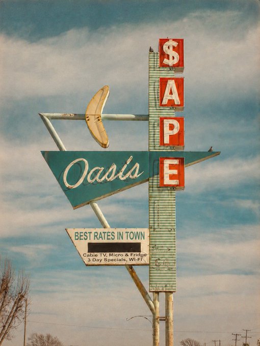 This vintage motel sign for "Oasis" features illuminated letters spelling "$ A P E" vertically, referencing the ticker symbol $APE mentioned in the post.