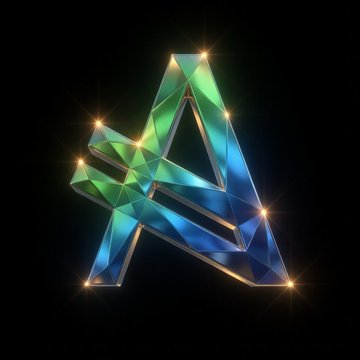 A glowing geometric triangular logo with blue and green crystalline facets and gold accents against a black background
