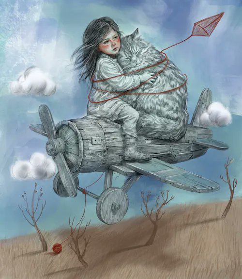 An illustration of a young girl hugging a large gray cat while flying in a wooden airplane with a kite trailing behind them.