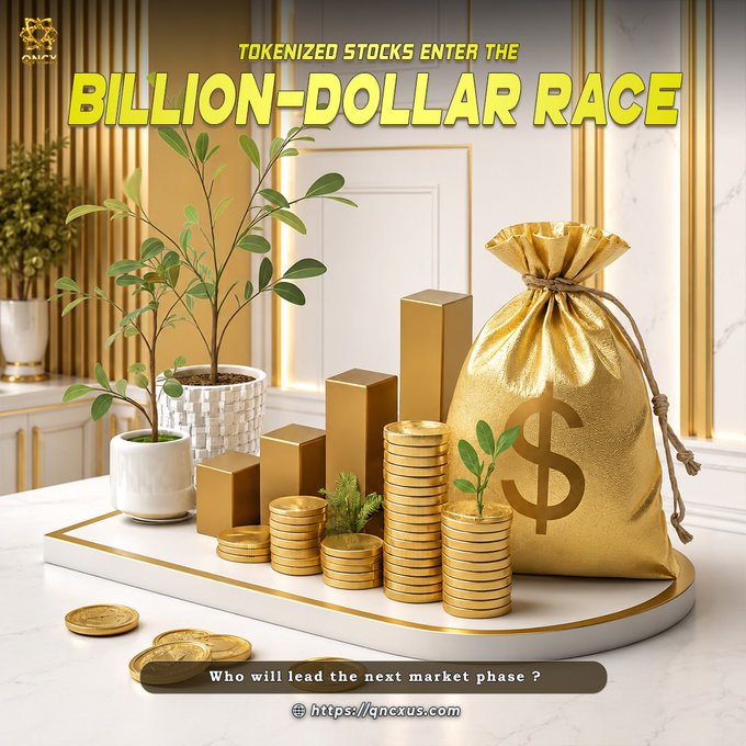 A luxurious scene features golden coins stacked alongside rising bar graphs and a money bag marked with a dollar sign, visually representing the growth of tokenized stocks. The headline reads "TOKENIZED STOCKS ENTER THE BILLION-DOLLAR RACE," with a caption asking "Who will lead the next market phase?" and the website "https://qncxus.com" displayed below.