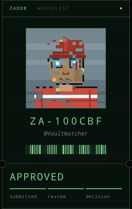 A digital approval card displaying a pixel art portrait of a red-haired figure, labeled 'ZA-100CBF' with the handle '@VaultWatcher' and an 'APPROVED' status.