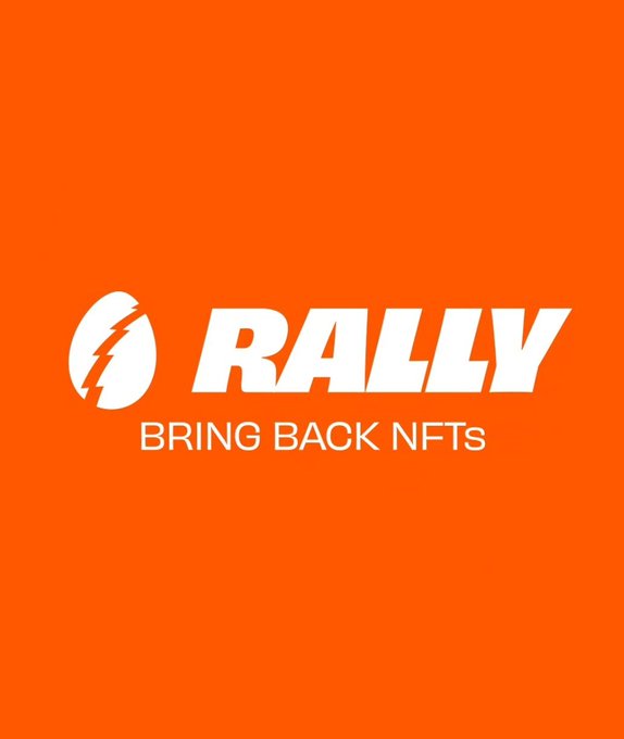 The image features a vibrant orange background with white text that reads "Rally Bring Back Nfts" at the top, followed by an explanation of what the company does. The text is written in a clear, easy-to-read font, making it stand out against the orange backdrop.