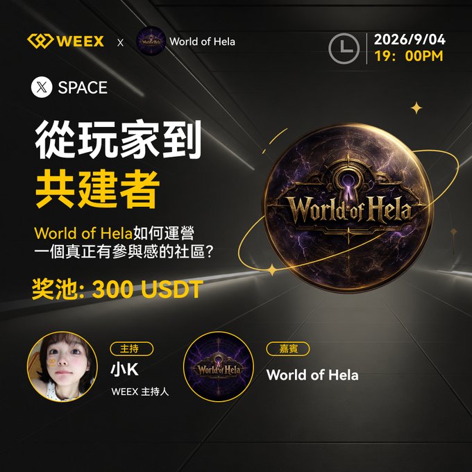 A promotional graphic for a WEEX X Space event featuring "World of Hela" scheduled for 2026/9/04 at 19:00 PM, with a prize pool of 300 USDT, hosted by "小K" with guest "World of Hela".