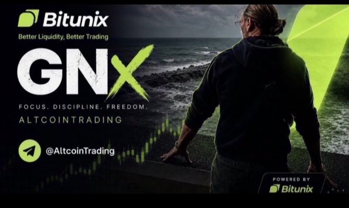 A man in a hoodie gazes out at a rocky, wave-battered coastline in a promotional graphic featuring "Bitunix" with the tagline "Better Liquidity, Better Trading," alongside the text "GNX – FOCUS. DISCIPLINE. FREEDOM. ALTCOINTRADING" and the handle "@AltcoinTrading," visually reinforcing the post's message about resetting mindset after a tough trading week and returning sharper Monday.