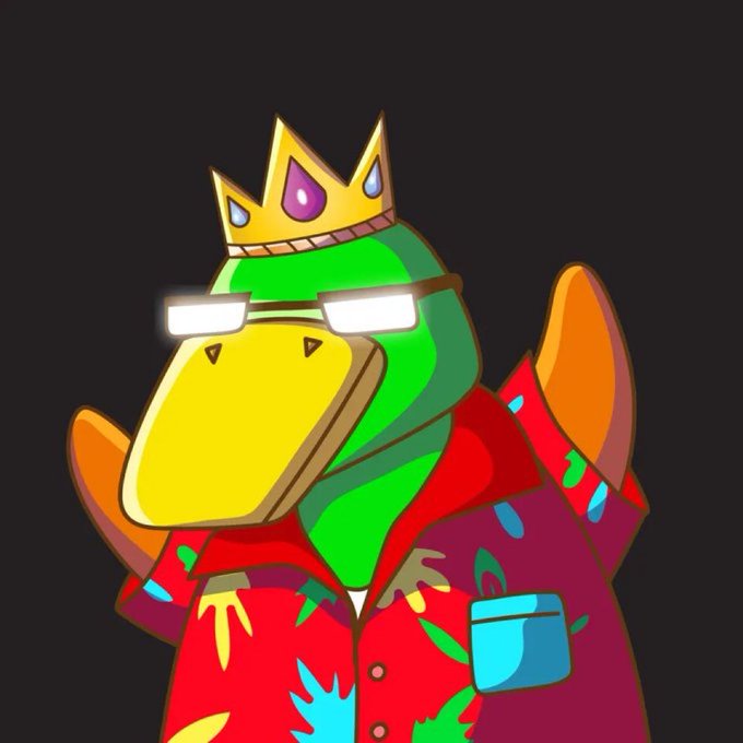A digital illustration of a cartoon character with a yellow beak, glowing white sunglasses, a golden crown, and a colorful red Hawaiian shirt against a black background.