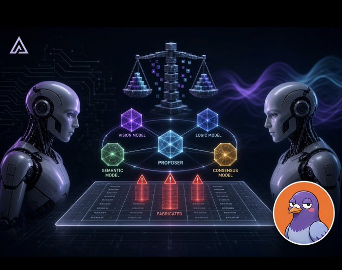 The image depicts two robotic AI figures facing each other across a glowing holographic interface featuring interconnected components labeled "VISION MODEL," "SEMANTIC MODEL," "LOGIC MODEL," "CONSENSUS MODEL," and "PROPOSER," all anchored by scales of justice above. Below the models, red warning markers flag a "FABRICATED" layer of data, illustrating how GenLayer's Optimistic Democracy replaces single-authority verdict machines with parallel multi-model validation that exposes fabricated claims in real time rather than after costly delays.