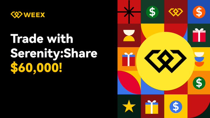 The image features a poster for a trading platform called WEEX that offers a $60,000 share as an enticing bonus. This share provides users with a chance to trade within the Serenity-Share community. The poster displays various symbols associated with the trading platform and its offerings, such as dollar signs representing money and the word "trade" indicating the platform's purpose for investors to make money through trading.