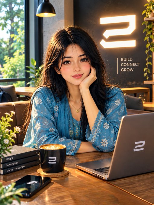 An anime-inspired image of a young woman with long dark hair sitting at a cafe table with a laptop, smartphone, and coffee, with a sign behind reading 'BUILD CONNECT GROW' and books titled 'Web3', 'Innovation', and 'Better Tomorrow'.