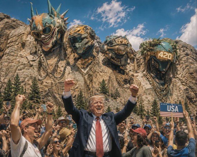 A man in a dark suit with a red tie stands triumphantly with raised fists before an adoring crowd holding a "USA" sign and smartphones, set against a dramatic Mount Rushmore-style monument featuring four giant, fantastical helmets—including one marked "420." The image appears to be promotional artwork for the LedgeRealms Solana-based NFT game, depicting a rugged, meme-infused "operator" aesthetic with patriotic and crypto-culture imagery.