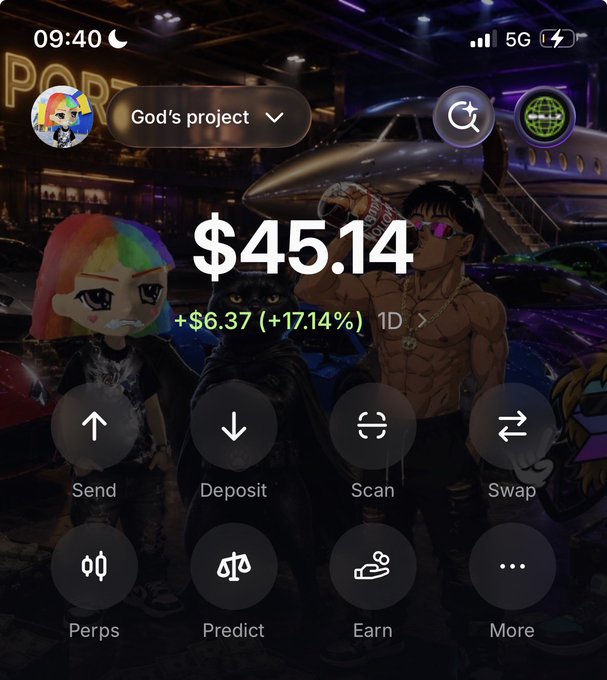 A crypto wallet app showing a portfolio balance of $45.14 with a +$6.37 (+17.14%) gain over 1D, labeled "God's project" with action buttons for Send, Deposit, Scan, Swap, Perps, Predict, and Earn. The "God's project" name aligns with the poster's reference to God passing wins their way, framing their modest $45.14 portfolio as a faith-driven bet on $MOTION.