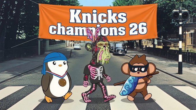 Three cartoon NFT characters—a Pudgy Penguin in a blue bandana, a skeletal Bored Ape, and a Chimpers monkey with a surfboard—parade across a zebra crossing beneath an orange banner reading "Knicks champions 26," referencing the owner's collection acquisitions from Pudgy Penguins, Bored Ape YC, and Chimpers.