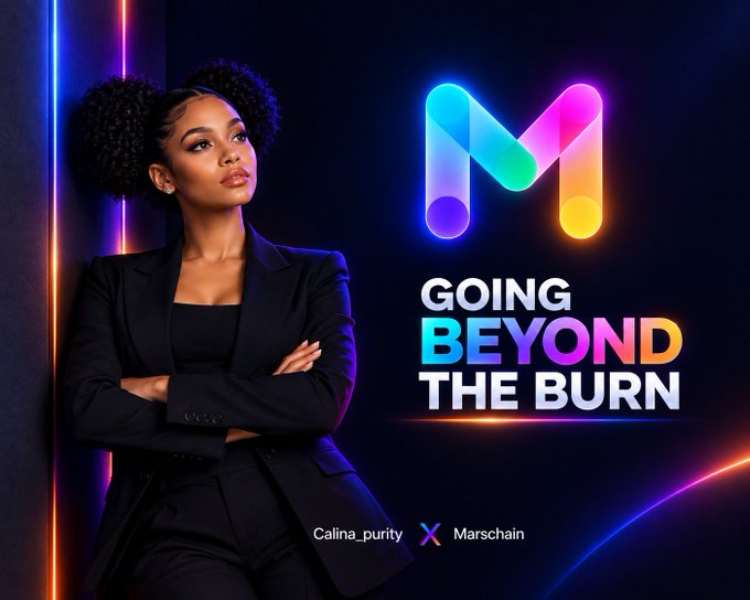 A promotional image for "GOING BEYOND THE BURN" featuring a woman in a black suit next to a colorful Marschain logo, credited to Calina_purity.