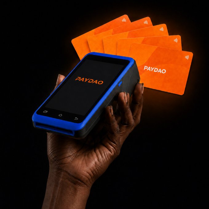 A dark-skinned hand holds a blue and black 'PAYDAO' payment terminal with several orange contactless payment cards fanned out behind it.