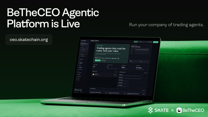 The image is a promotional banner for "BeTheCEO Agentic Platform," with the tagline "Run your company of trading agents" and the URL "ceo.skatechain.org." It features a laptop displaying the platform's dashboard, branded with "SKATE x BeTheCEO" logos, which visually supports the post's message about deploying an automated "workforce" of trading agents to capitalize on volatile markets and high funding rates.