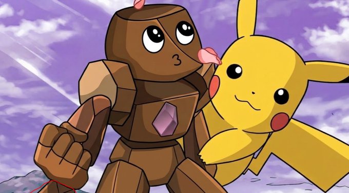 A cartoon-style drawing of a brown robot with a pink gem on its chest giving a thumbs up next to a yellow Pikachu, set against a purple sky with clouds.
