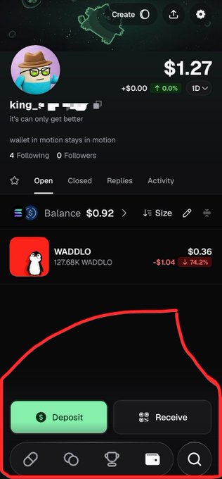 A mobile app interface showing a wallet balance of $1.27, a token 'WADDLO' with a 74.2% drop, and 'Deposit' and 'Receive' buttons circled in red.