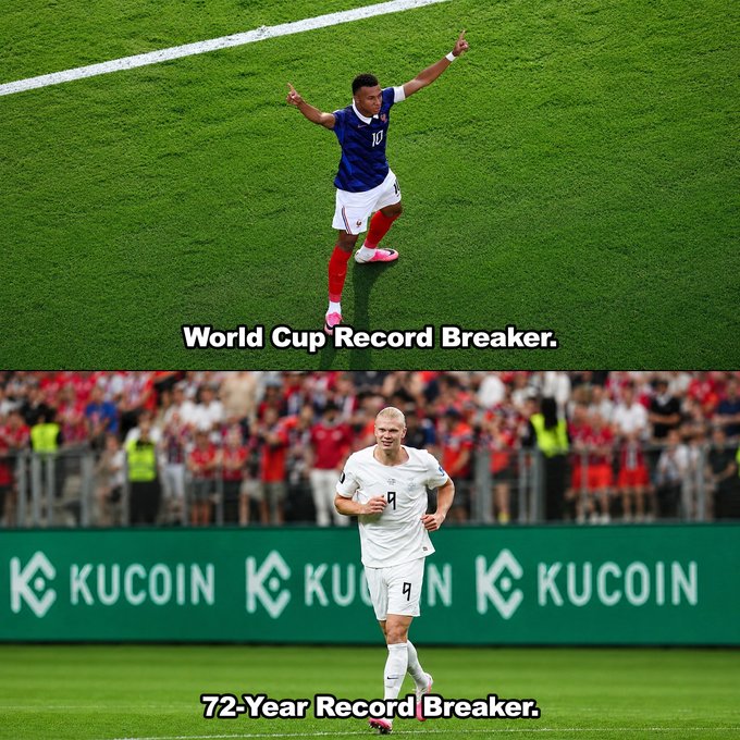 A split image shows a soccer player in a blue #10 jersey celebrating with arms raised, captioned "World Cup Record Breaker," above a bald player in a white #9 jersey running, captioned "72-Year Record Breaker," with "KUCOIN" advertising boards visible behind him. The post compares the two as a battle of record-breaking athletic achievements.