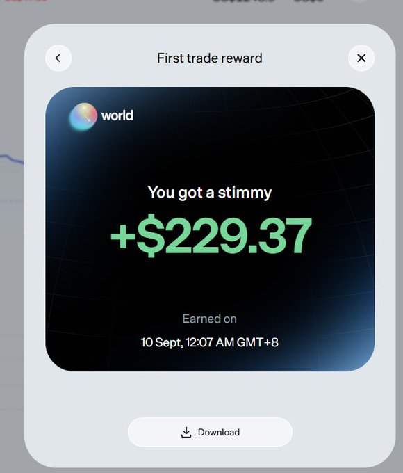 A mobile app screenshot showing a 'First trade reward' notification from 'world' displaying '+ $229.37' earned on '10 Sept, 12:07 AM GMT+8' with a 'Download' button.