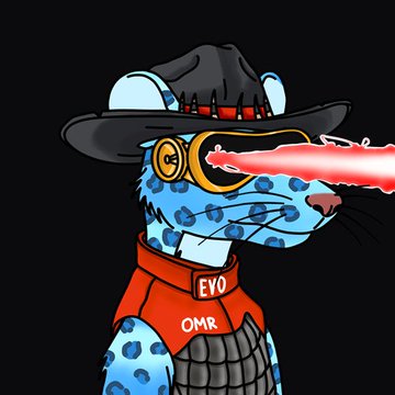 A cartoon illustration of a blue spotted character wearing a black hat and a red vest with "EYO OMR" text, shooting red laser beams from its eyes.