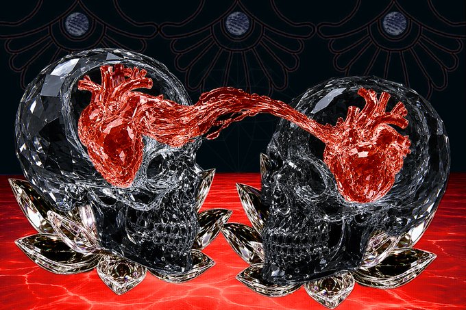 A detailed 3D render of two crystal skulls resting on lotus-shaped bases, with realistic anatomical red hearts connected by vessels between them, set on a red surface against a dark ornate background.