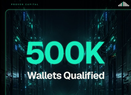 A digital promotional graphic with a server room background, displaying '500K Wallets Qualified' under the heading 'PROVEN CAPITAL'.