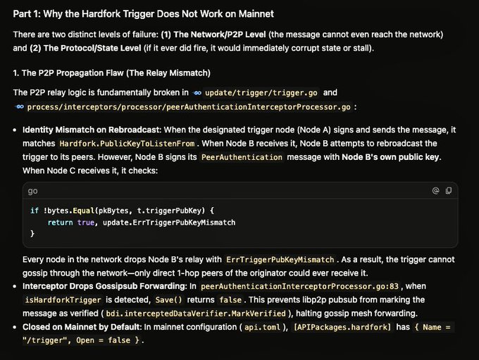 A technical document titled 'Part 1: Why the Hardfork Trigger Does Not Work on Mainnet' detailing network and protocol failures in a P2P relay logic, including Go code snippets and mentions of files like update/trigger/trigger.go.