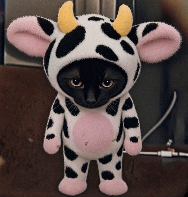 A black cat wearing a plush black-and-white cow costume with yellow horns, pink ears, and a pink belly patch.