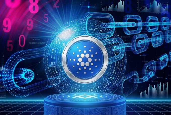 A glowing blue digital artwork featuring the Cardano (ADA) cryptocurrency logo encased in a metallic ring, set against a chain-link background with floating numbers and financial charts.