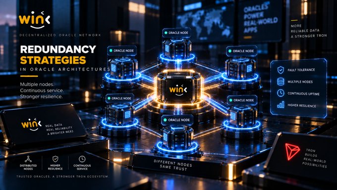 A futuristic 3D tech graphic for 'WIN Decentralized Oracle Network' illustrating 'REDUNDANCY STRATEGIES IN ORACLE ARCHITECTURES'. It shows glowing blue 'ORACLE NODE' cubes connected to a central 'win' hub, with bullet points for 'FAULT TOLERANCE', 'MULTIPLE NODES', 'CONTINUOUS UPTIME', and 'HIGHER RESILIENCE', along with the TRON logo.