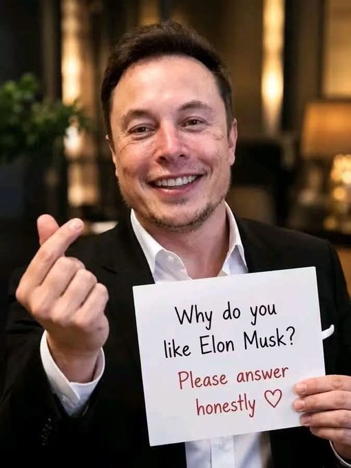 A smiling man in a black suit holds a handwritten sign that reads 'Why do you like Elon Musk? Please answer honestly ♡' while pointing at the camera.