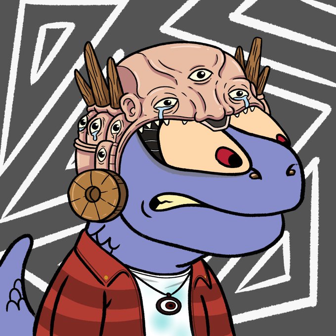 A surreal cartoon illustration of a blue-skinned character wearing a red plaid shirt and necklace, whose bald head features multiple crying eyes and mouth-like protrusions, set against a gray background with white geometric patterns.