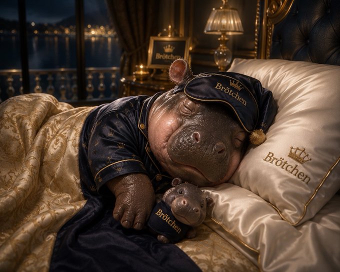 A baby hippopotamus sleeps in a luxurious bed wearing navy blue pajamas with gold trim and a matching sleep mask, both embroidered with 'Brötchen' and a crown logo.