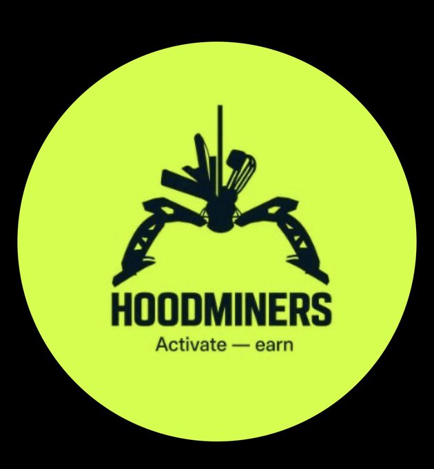 A neon green circular logo features a stylized black pickaxe design above the text 'HOODMINERS' with the tagline 'Activate — earn'.