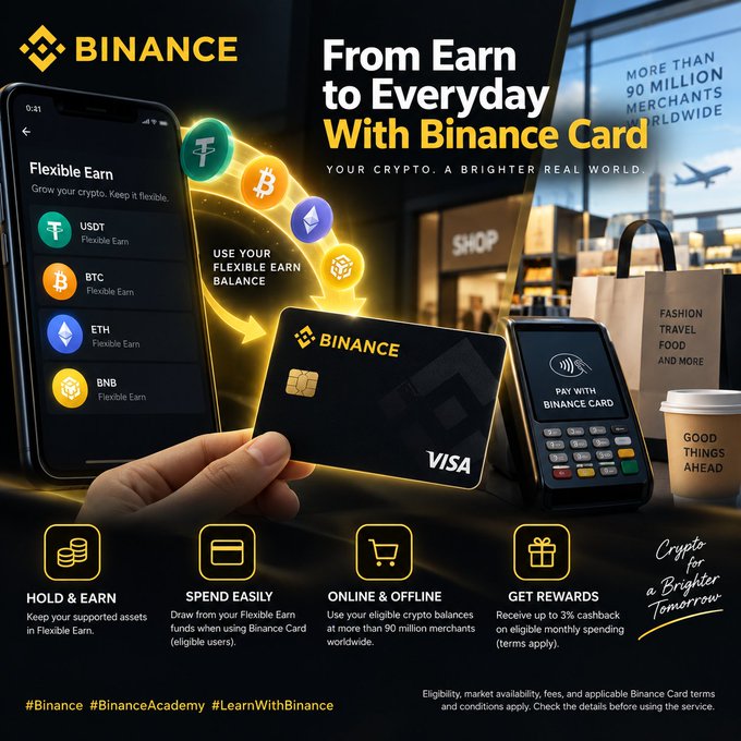 A promotional advertisement for the Binance Card showing a hand holding the black Visa card alongside a smartphone displaying the Binance Flexible Earn interface (featuring USDT, BTC, ETH, and BNB) and a POS terminal, with text highlighting "From Earn to Everyday With Binance Card" and "More Than 90 Million Merchants Worldwide." The image directly illustrates the post's message about bridging crypto holdings in Flexible Earn with real-world spending at over 90 million merchants, visualizing the seamless flow from digital assets to physical purchases.