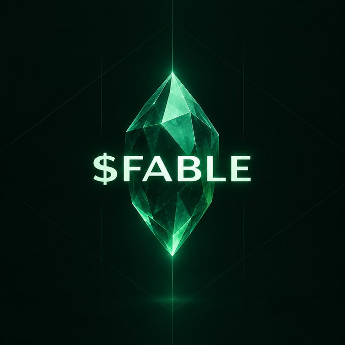 A glowing green emerald-shaped crystal is displayed against a dark background with the bold text "$FABLE" overlaid across its center, matching the ticker mentioned in the post about purchasing $FABLE tokens on Robinhood.