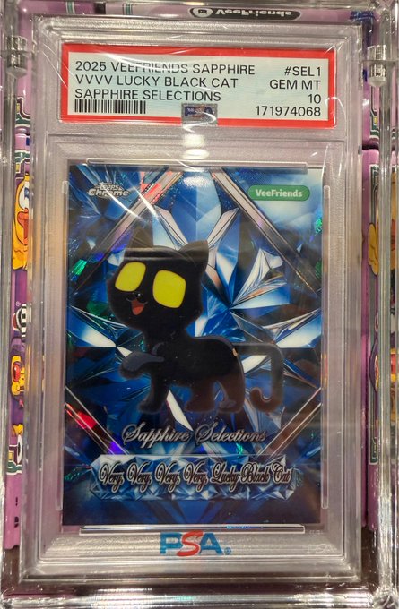 A graded PSA 10 GEM MT 2025 VeeFriends SAPPHIRE 'VVVV LUCKY BLACK CAT SAPPHIRE SELECTIONS' trading card encased in a protective plastic slab.