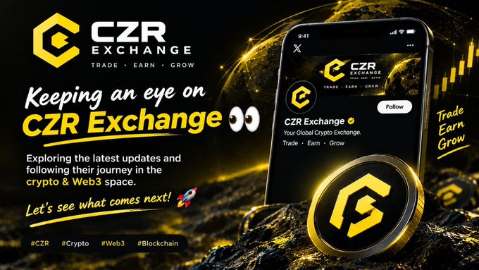 A promotional graphic for "CZR Exchange" featuring a smartphone displaying their social media profile with the tagline "Keeping an eye on CZR Exchange" and hashtags #CZR #Crypto #Web3 #Blockchain.