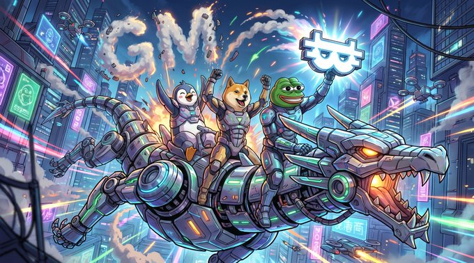 The vibrant illustration depicts Shiba Inu, Dogecoin, and Pepe the Frog mascots riding a futuristic cyberpunk dragon through a neon-lit cityscape, with the word "GMOON" formed in smoke clouds and a glitchy Bitcoin logo in the sky, perfectly capturing the meme-coin energy rallying around $NAKA in the Nakamoto Games universe.