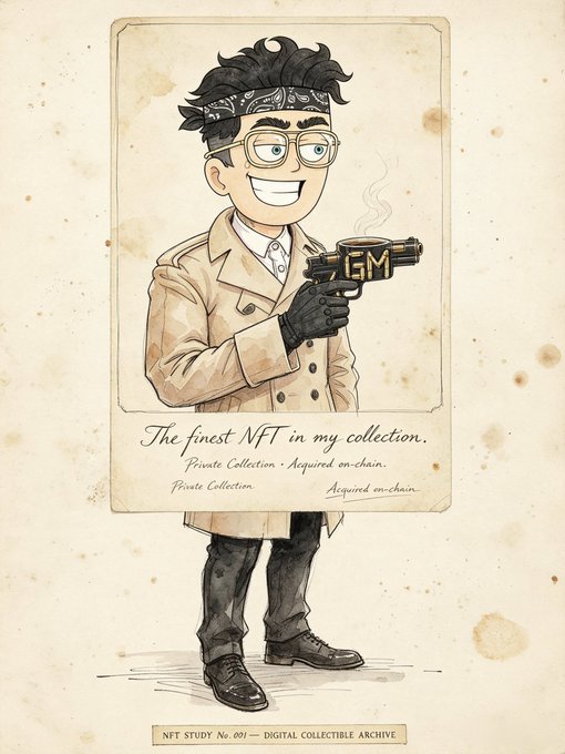 A vintage-style illustration depicts a smiling character in a trench coat holding a cup labeled "GM," with text reading "The finest NFT in my collection. Private Collection • Acquired on-chain. NFT STUDY No. 09 — DIGITAL COLLECTIBLE ARCHIVE".