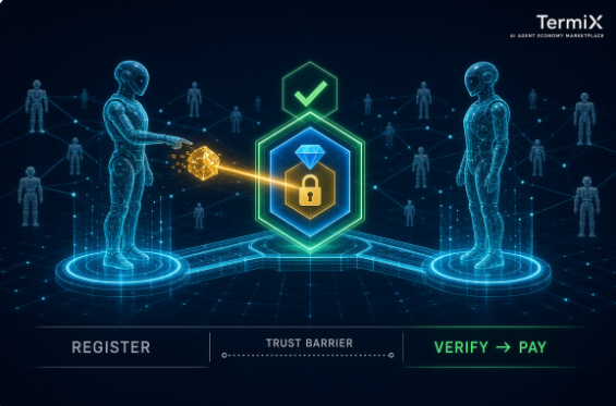 A digital graphic by 'TermiX AI Agent Economy Marketplace' illustrates a 'Trust Barrier' workflow connecting 'Register' to 'Verify → Pay' with blue human figures and a padlock icon.