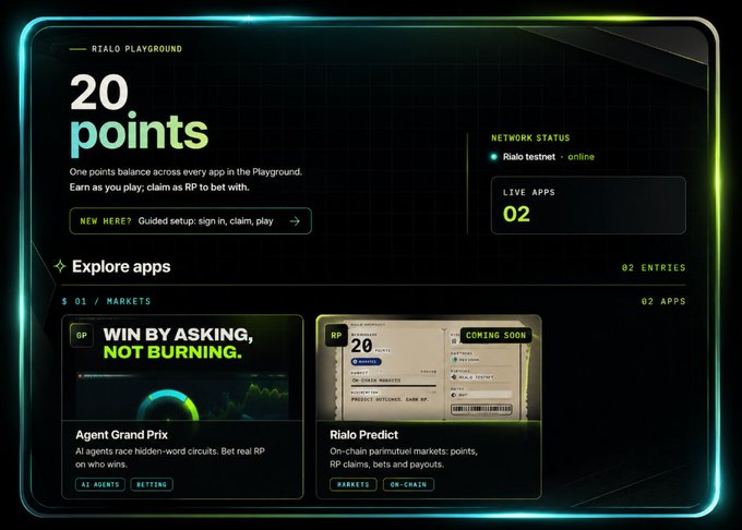 The Rialo Playground interface displaying '20 points' balance, network status as 'online', and two apps: 'Agent Grand Prix' with 'WIN BY ASKING, NOT BURNING' and 'Rialo Predict' (coming soon).