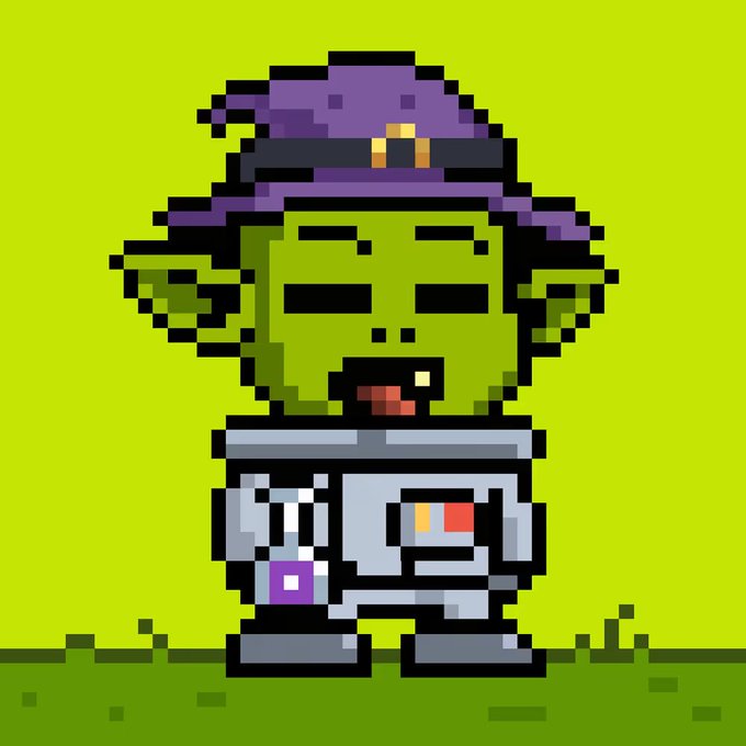 The image features a pixel art character styled like a zombie or gremlin in a purple witch hat, displayed as an NFT. The figure has green skin, a missing tooth, and a robotic body with a small chest emblem, set against a green background—appearing to be the digital collectible purchased on Robinhood Chain via @GremilinCartel.