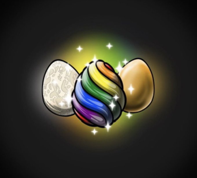 A stylized illustration of a colorful rainbow-striped sphere or egg-like object between two halves (one textured white, one golden), surrounded by sparkles on a dark background.