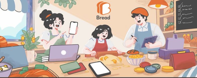 A cartoon illustration of three bakery workers at a counter with the "Bread" logo, surrounded by bread, a laptop, and a cash register.