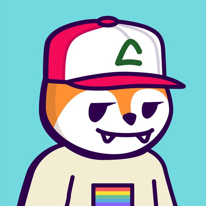 A cartoon cat with a mischievous smile and fangs, wearing a red and white cap with a green triangle logo and a shirt featuring a rainbow flag.