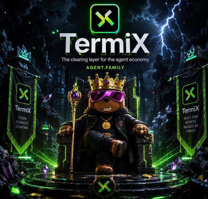 A promotional image for 'TermiX' described as 'The clearing layer for the agent economy,' featuring a crowned bear character with sunglasses sitting on a throne.